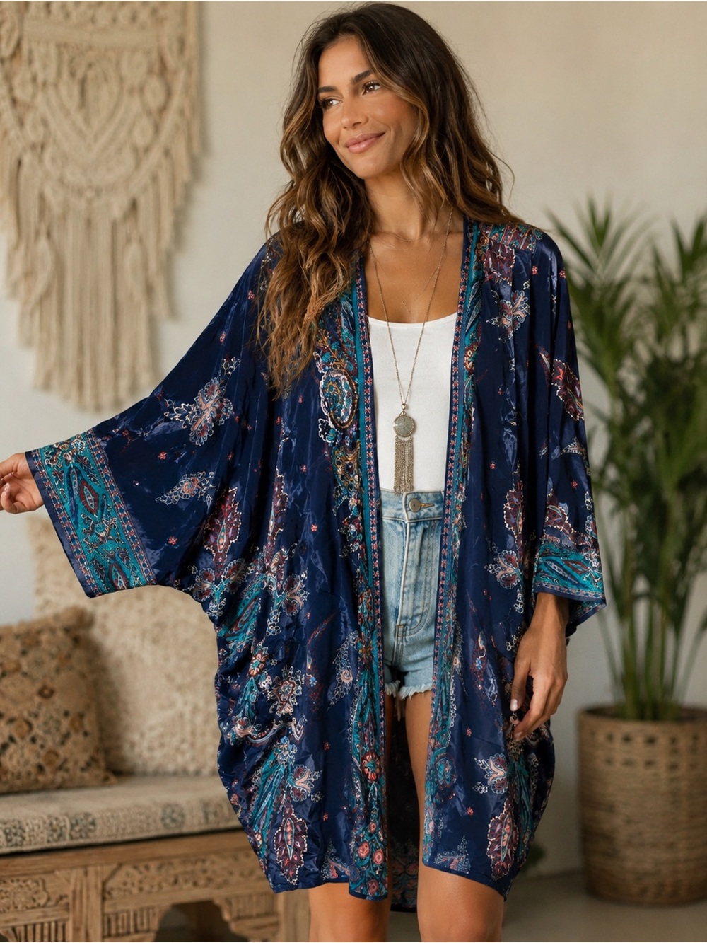 Tolani Navy Paisley Kimono Boho Embroidered Cardigan Cover Up Festival Resort